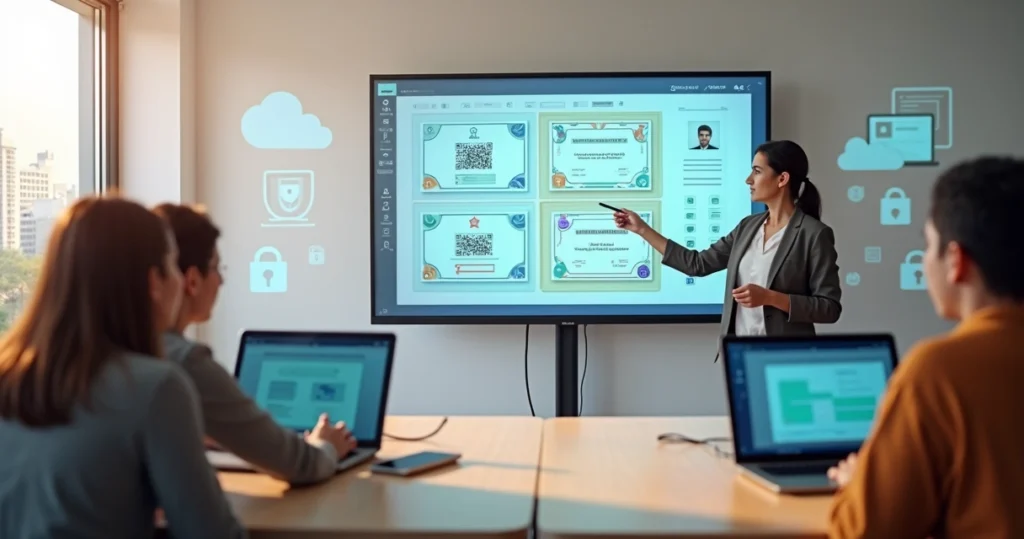 Docente revisando certificados digitales en pantalla conectada con estudiantes
