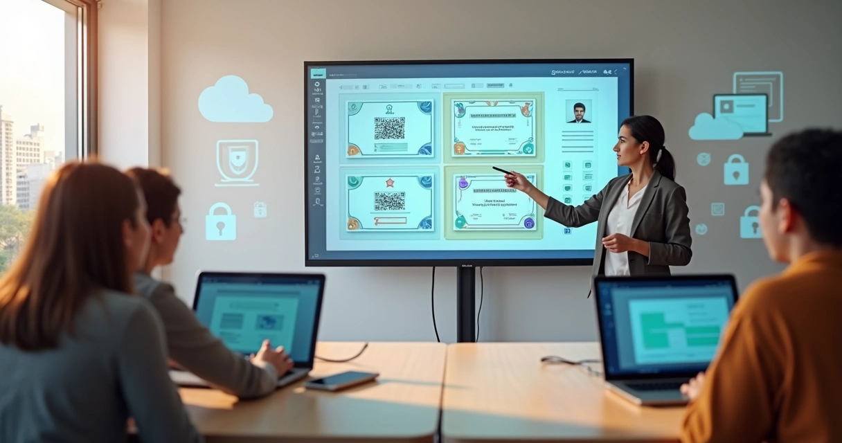 Docente revisando certificados digitales en pantalla conectada con estudiantes