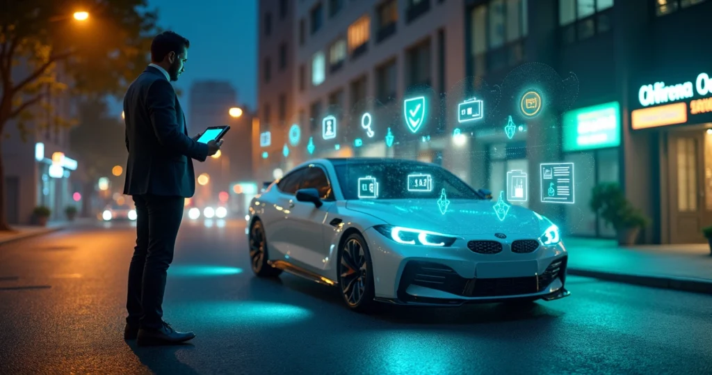 Agente acionando hologramas de proteção ao lado de carro híbrido moderno