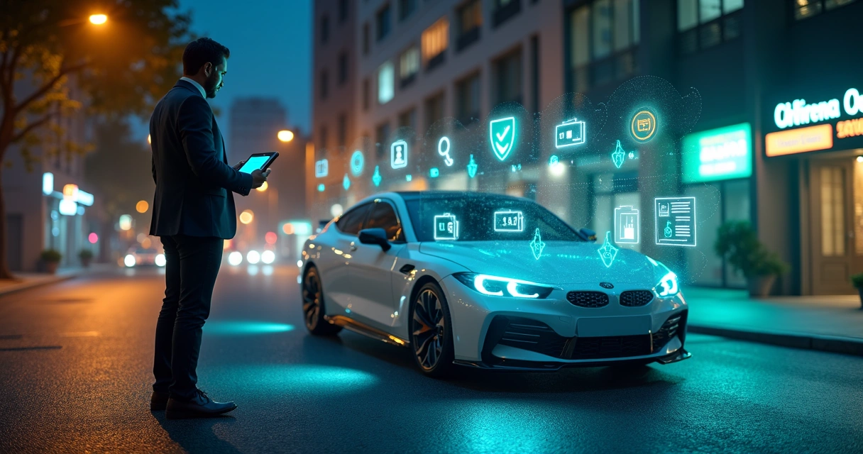 Agente acionando hologramas de proteção ao lado de carro híbrido moderno