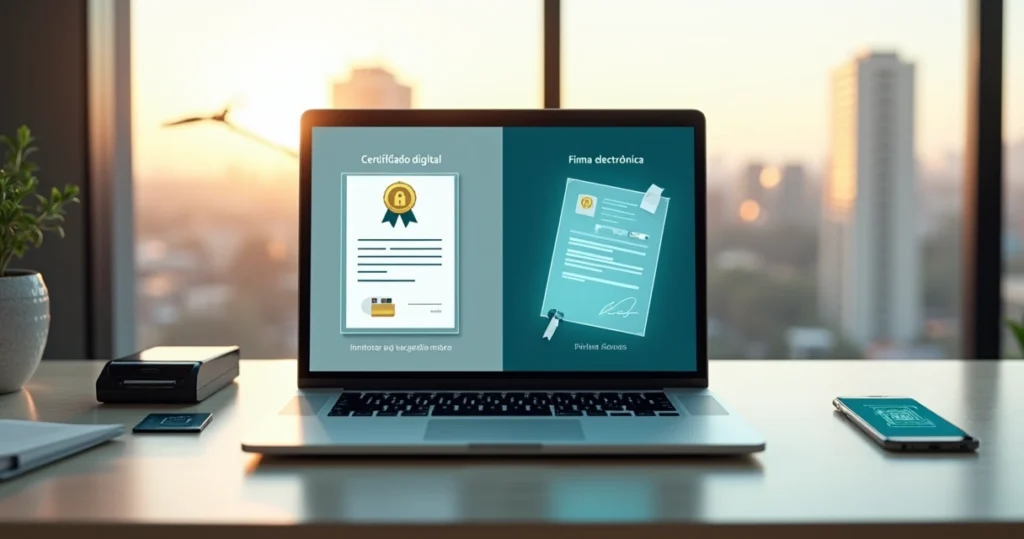 Comparación visual entre certificado digital y firma electrónica en pantalla de computadora