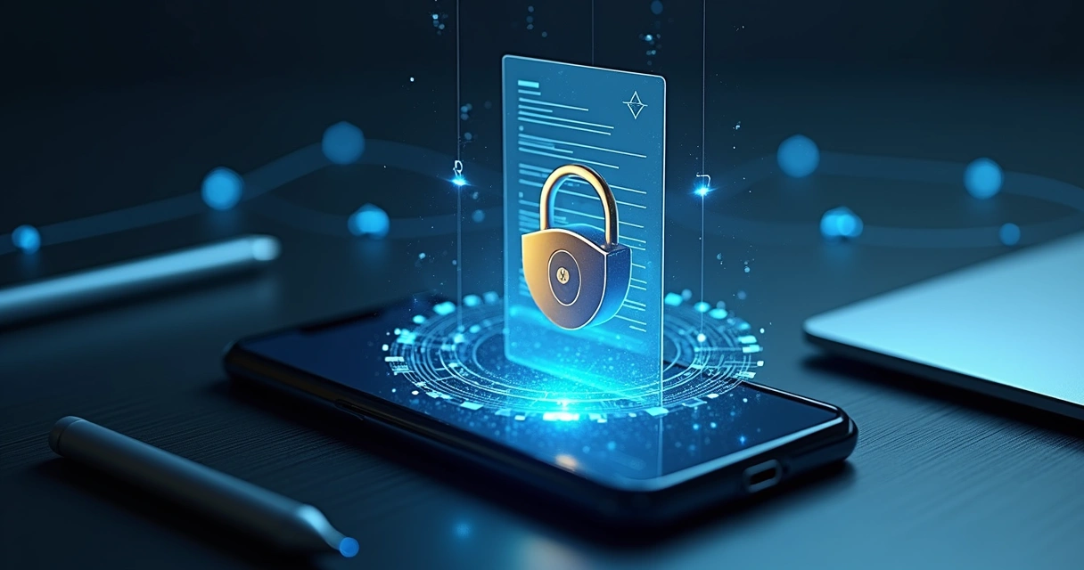 Certificado digital flotando sobre smartphone con candado holográfico