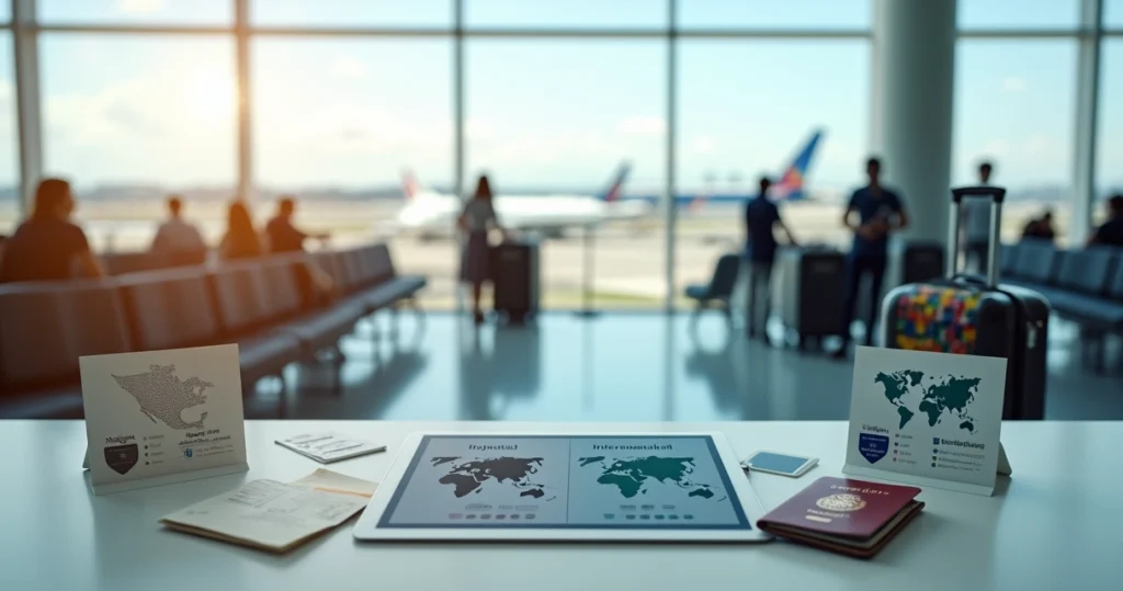 Comparación visual de viaje nacional e internacional en mostrador de aeropuerto