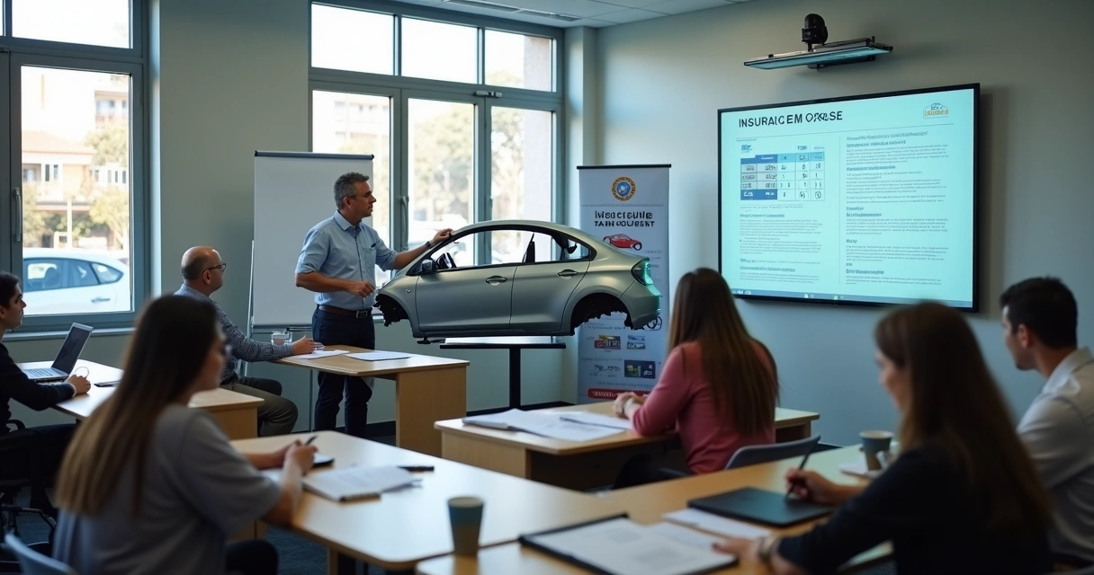 Grupo de adultos en aula observando demostración de peritaje de autos