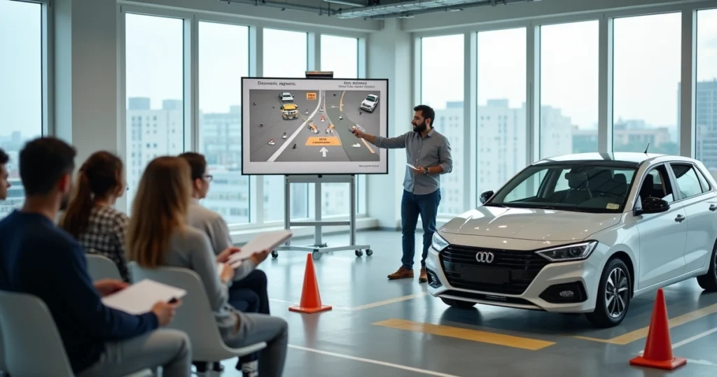 Instructor enseña manejo defensivo a grupo de alumnos junto a auto estacionado