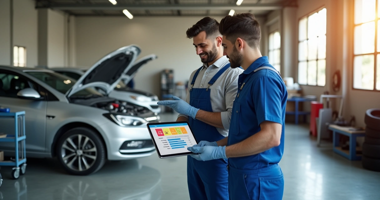 Mecánico mostrando costos de mantenimiento anual a conductor junto a auto en taller