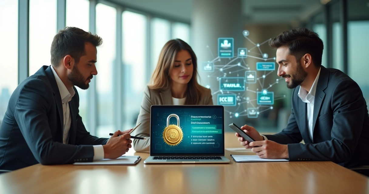 Equipo de trabajo validando documentos digitales en una oficina moderna