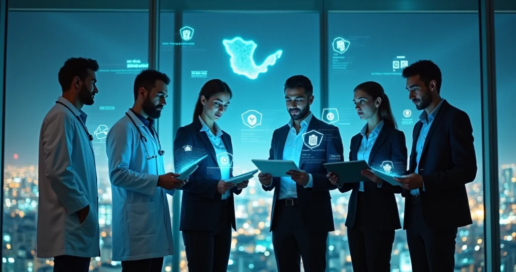 Diversos profesionales mexicanos observando hologramas de certificados digitales