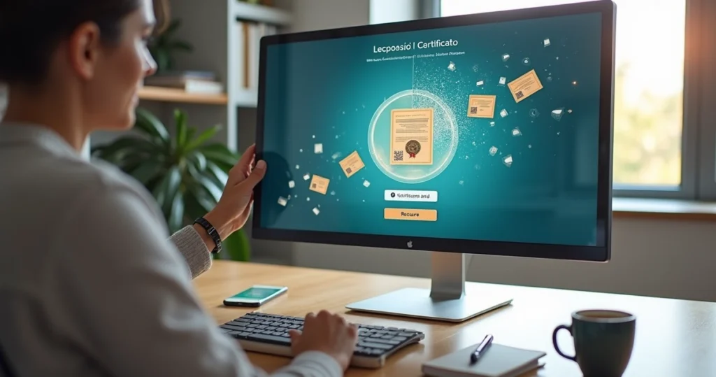 Manos reorganizando iconos de certificados digitales en pantalla rota