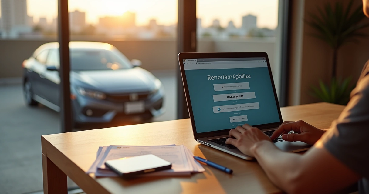 Persona revisando seguro de auto online en laptop junto a auto estacionado