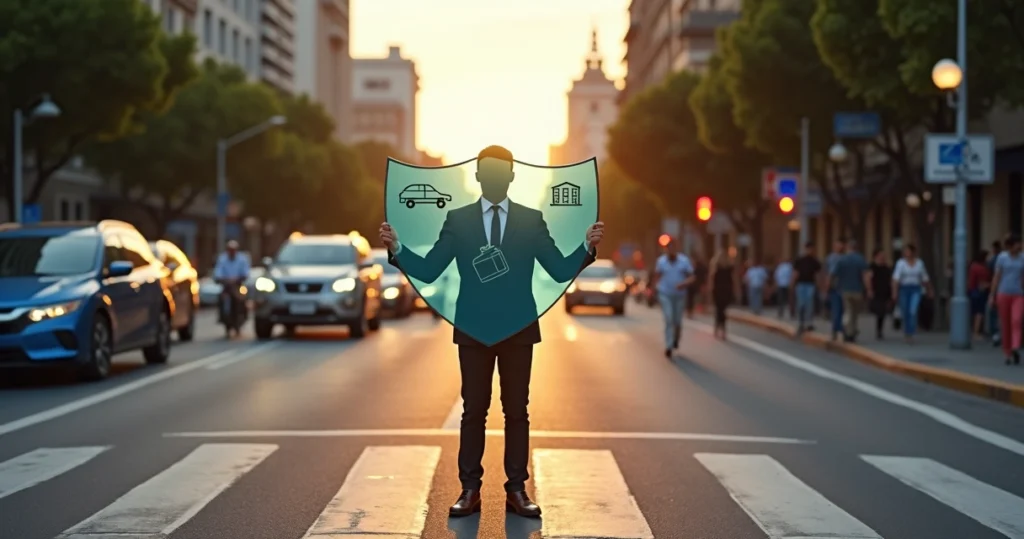 Pessoa no centro da cidade mexicana segurando escudo transparente entre pedestres e carros