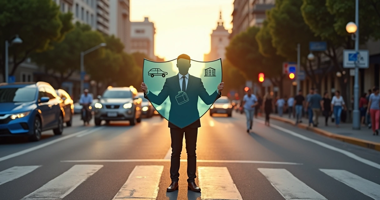 Pessoa no centro da cidade mexicana segurando escudo transparente entre pedestres e carros