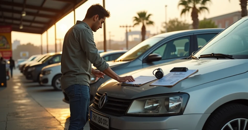 Comprador revisando minuciosamente un auto seminuevo en agencia mexicana