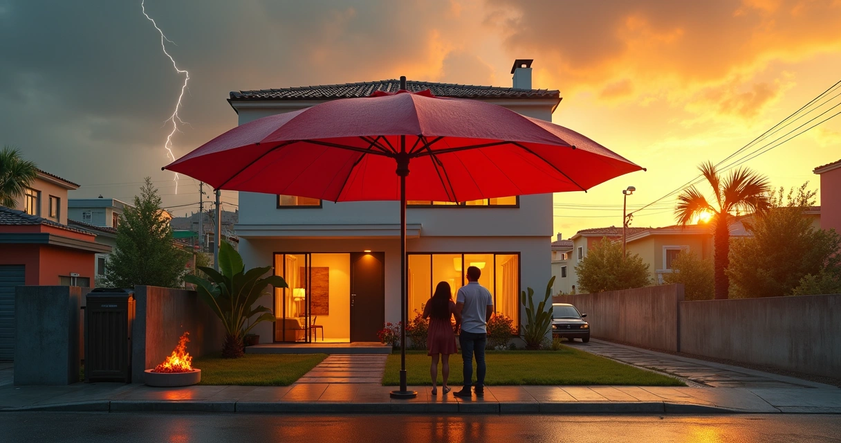 Família observando casa protegida por guarda-chuva gigante