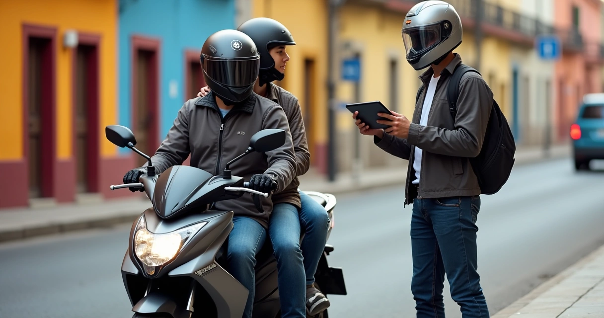 Pareja en moto detenida frente a agente de seguros revisando póliza en calle urbana