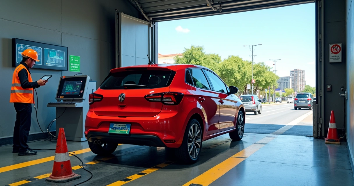 Auto siendo verificado en centro de verificación vehicular en México