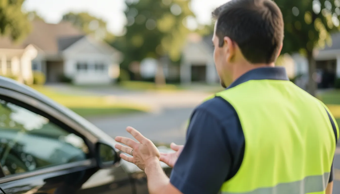 Ajustador de seguros con chaleco reflejante conversando con un conductor junto a su auto en una calle residencial
