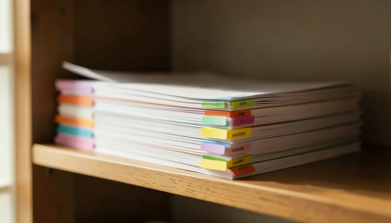 Pila de archivos de papel organizados con separadores de colores en un estante de madera en casa