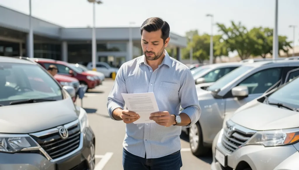 Hombre comparando dos autos con documentos en la mano en un lote de agencia