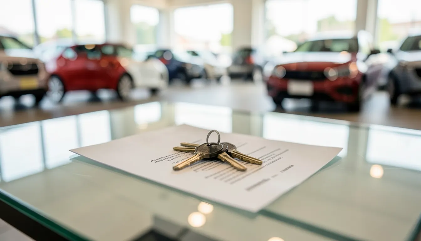 Llaves de auto sobre un contrato en el mostrador de vidrio de una agencia automotriz