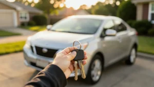 Mano entregando las llaves de un auto sedan plateado generico en la entrada de una casa al atardecer