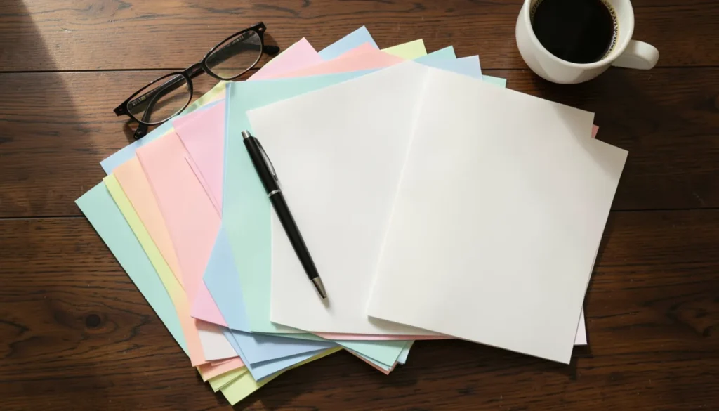 Carpetas de papel organizadas con recibos pagados, lentes y una taza de café sobre un escritorio de madera oscura
