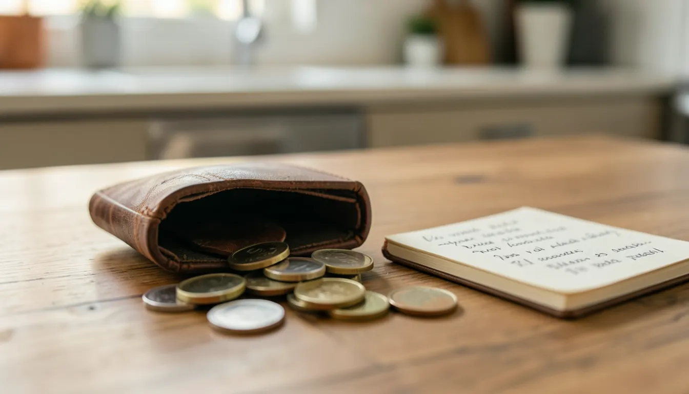 Cartera de piel gastada con monedas mexicanas derramándose sobre una mesa de madera junto a una libreta