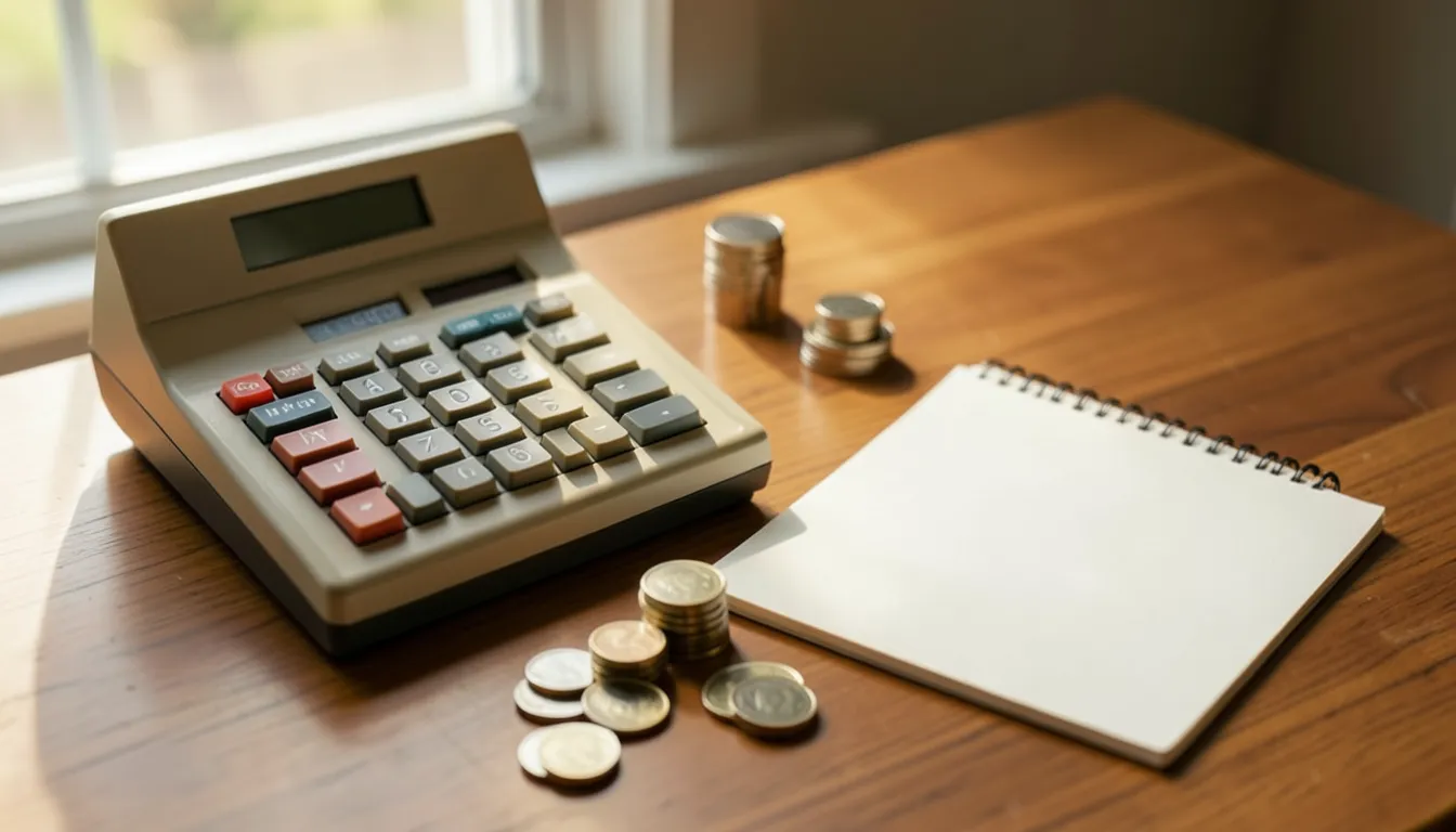 Calculadora retro junto a monedas y una libreta en blanco sobre un escritorio de madera, representando el cálculo del CAT para comparar créditos
