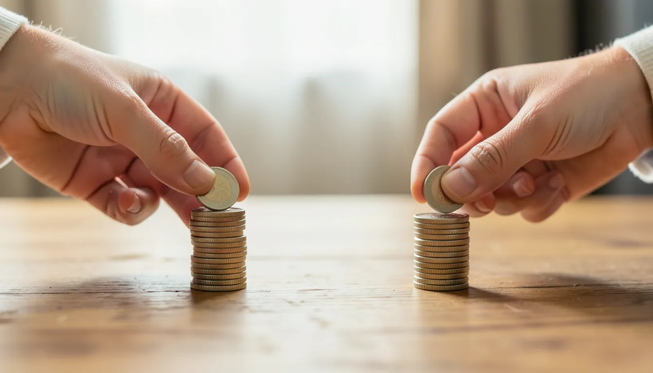 Dos manos colocando monedas en dos pilas de alturas claramente distintas sobre una mesa de madera, comparando el costo de dos créditos