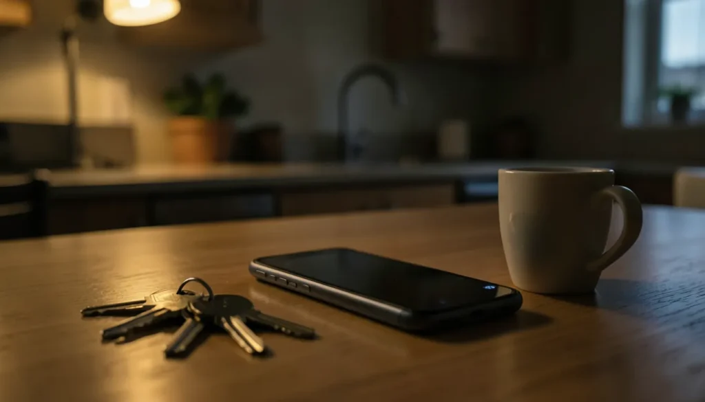 Celular boca abajo sobre una mesa de cocina junto a las llaves de casa y una taza de café vacía, ambiente nocturno
