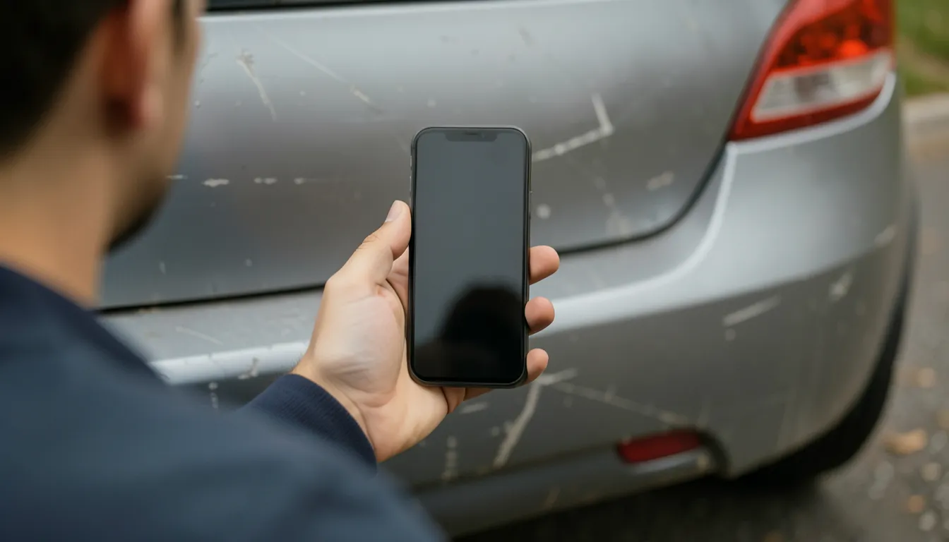 Una persona fotografía con el celular el rayón en la defensa del auto tras un choque leve