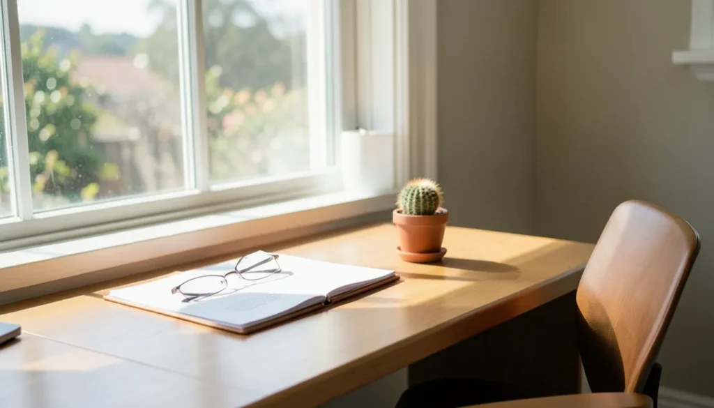 Escritorio matutino junto a una ventana con una carpeta abierta, lentes de lectura y un pequeño cactus en maceta, silla vacía