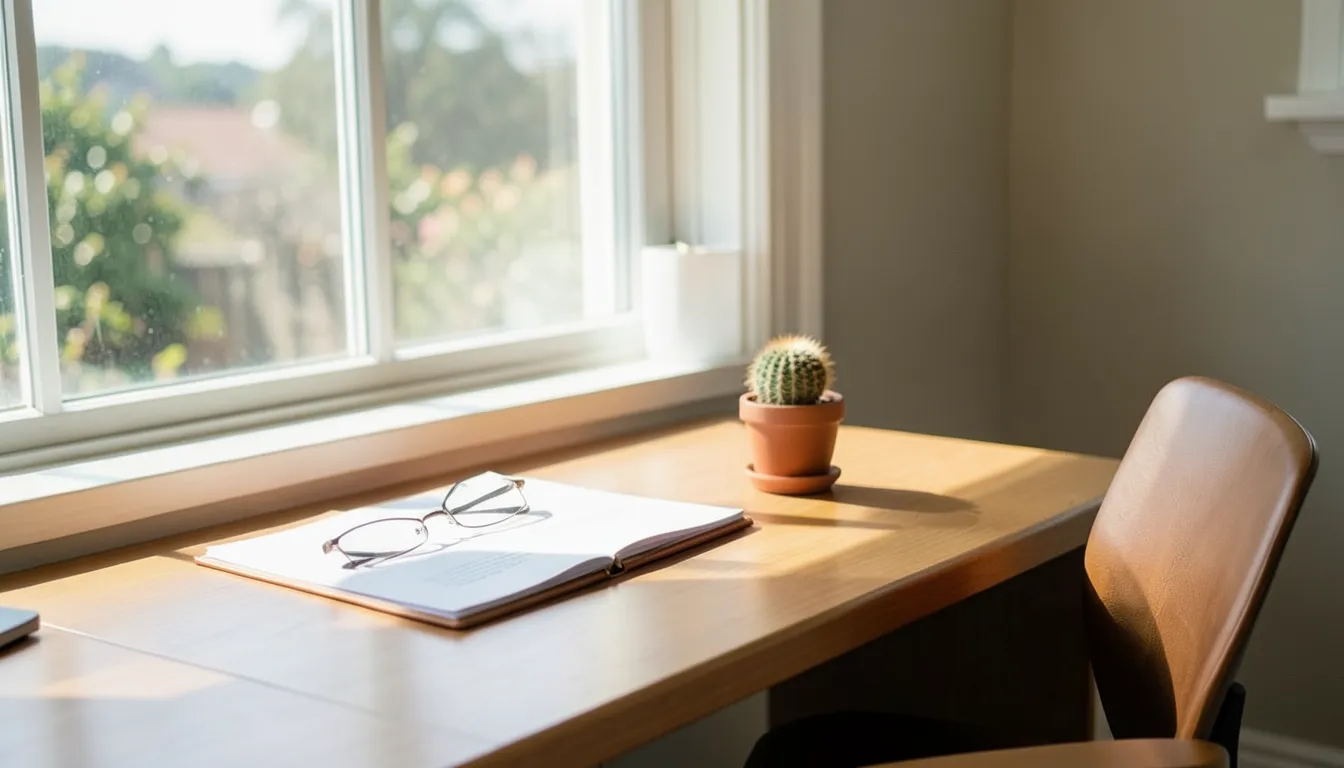 Escritorio matutino junto a una ventana con una carpeta abierta, lentes de lectura y un pequeño cactus en maceta, silla vacía