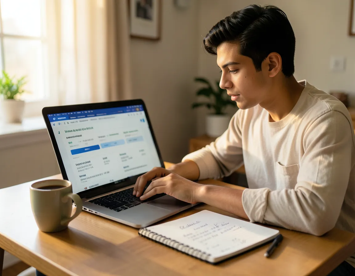 Persona joven comparando cotizaciones de seguros de vida en una laptop desde casa