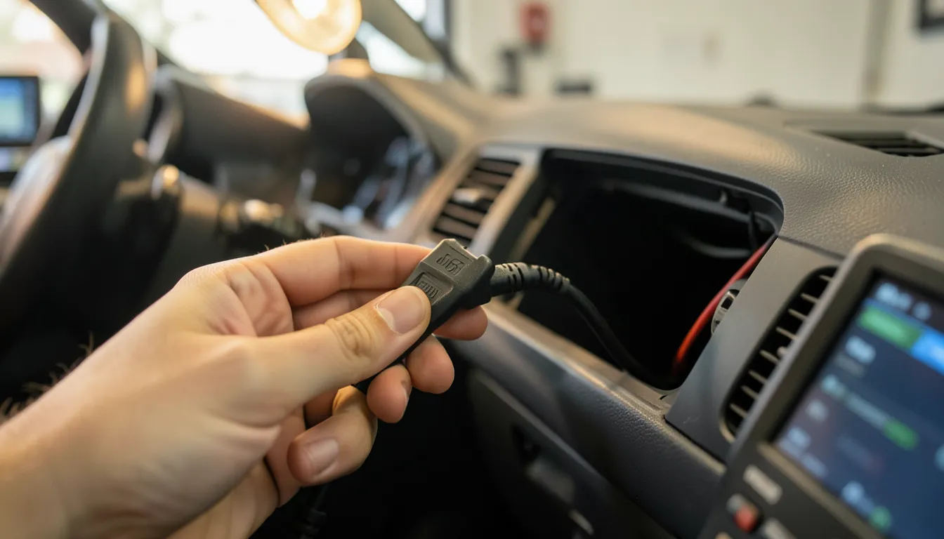 Mano sosteniendo un conector de diagnóstico OBD cerca del puerto abierto bajo el tablero de un auto