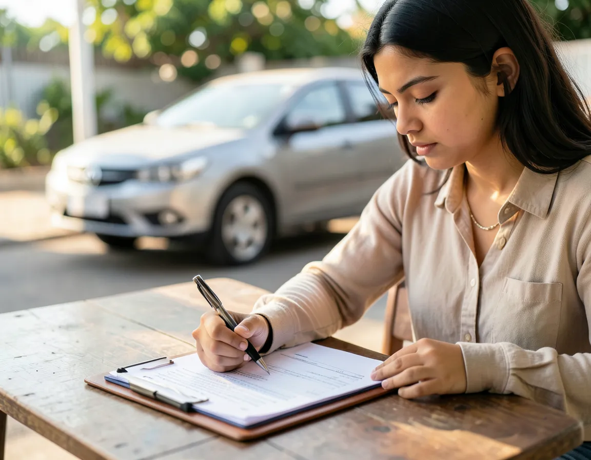 Mujer firmando el contrato de compraventa de un auto usado en una mesa exterior