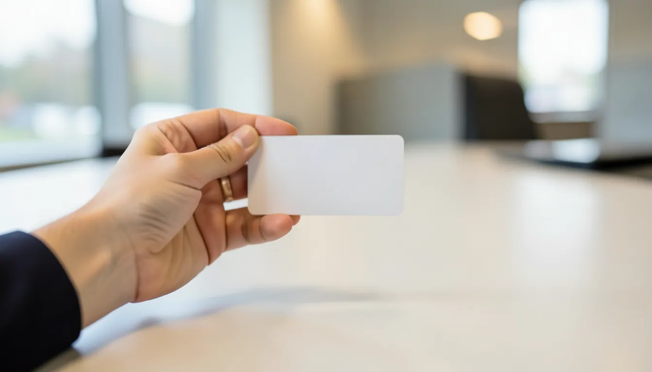 Mano sosteniendo una tarjeta plástica en blanco sobre el mostrador de un módulo de trámites