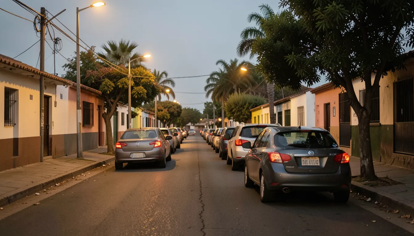 Hilera de autos estacionados en una calle residencial mexicana al anochecer con luces encendidas