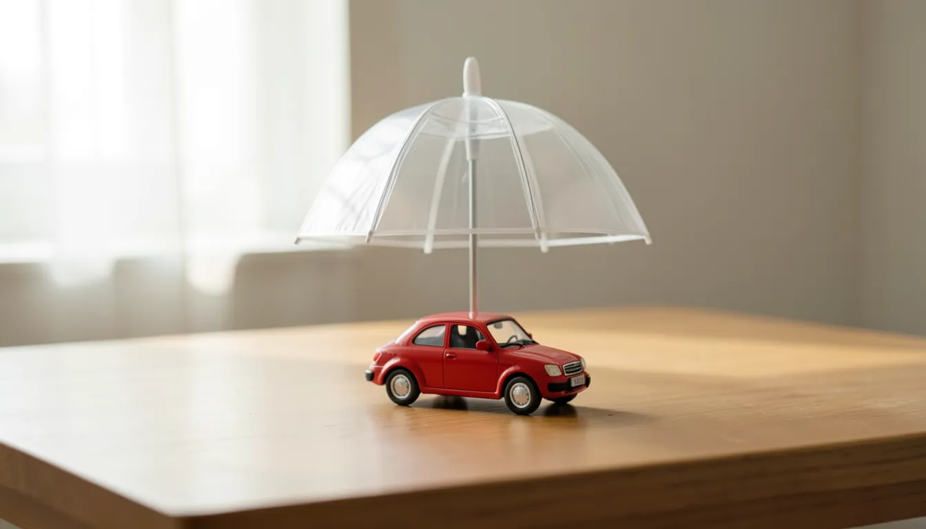 Miniatura de auto rojo bajo un paraguas transparente sobre un escritorio, representando la proteccion de un seguro de auto