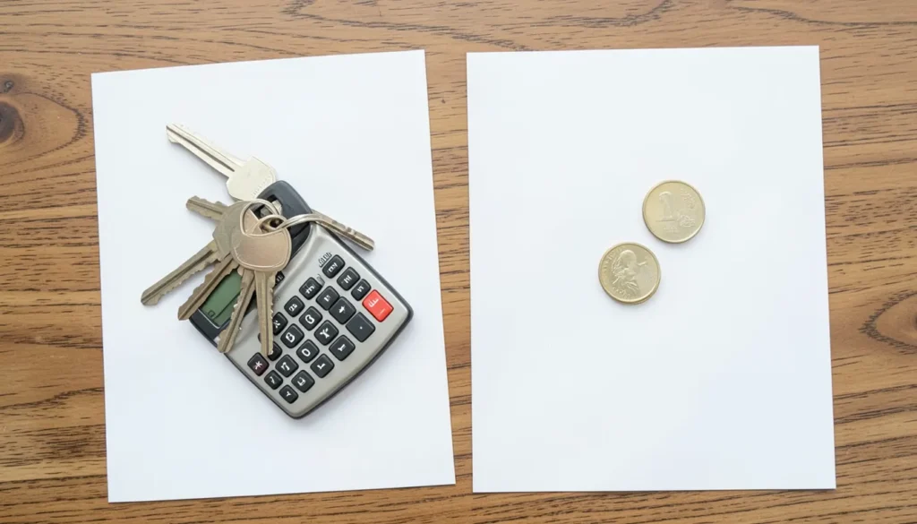 Llaves de auto, calculadora y monedas organizadas sobre papeles en blanco para calcular el presupuesto anual del vehículo