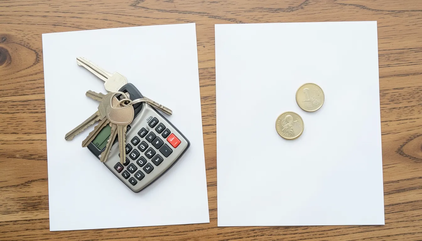 Llaves de auto, calculadora y monedas organizadas sobre papeles en blanco para calcular el presupuesto anual del vehículo