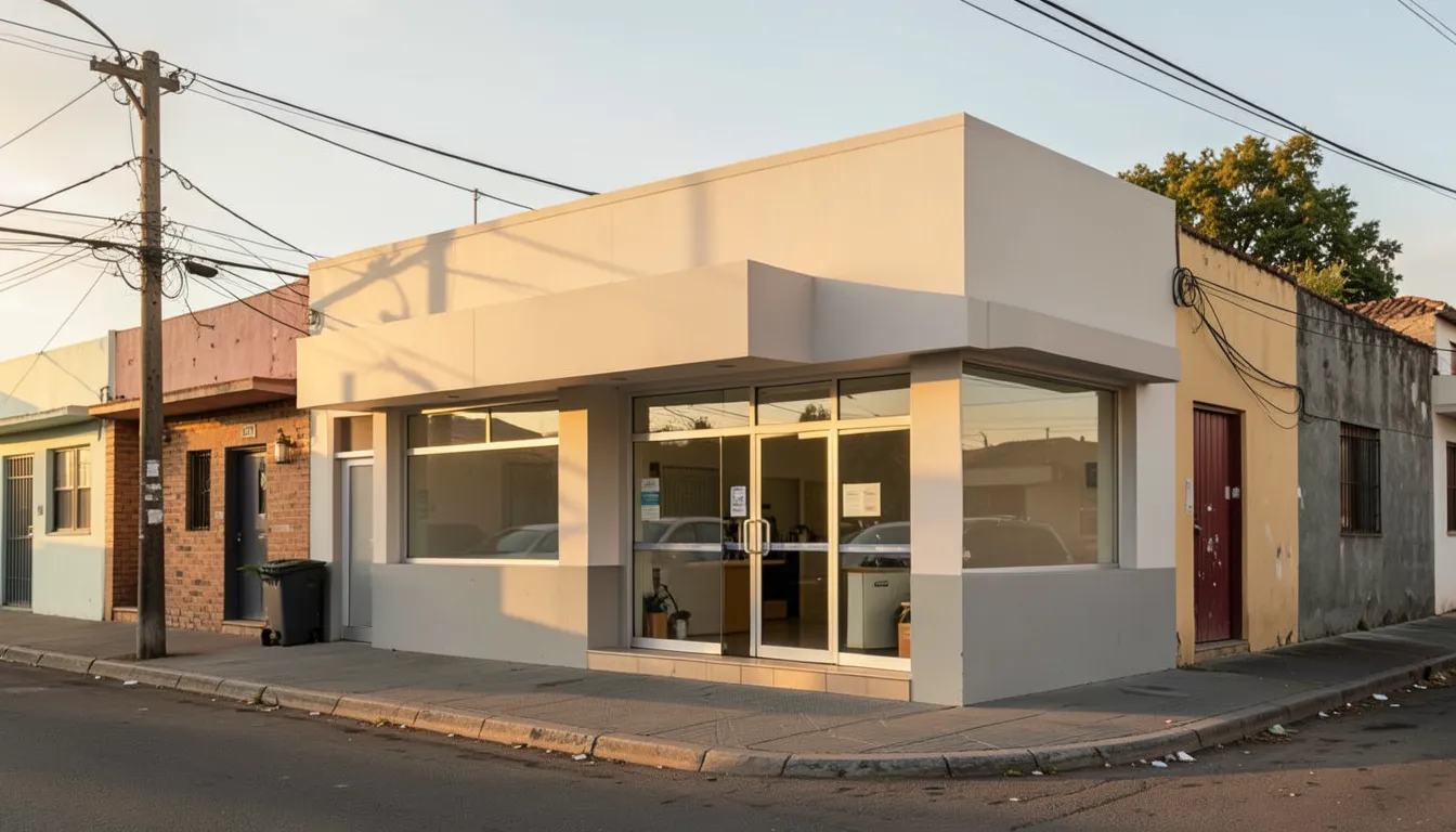 Fachada de una sucursal bancaria genérica sin letreros en un vecindario mexicano al atardecer
