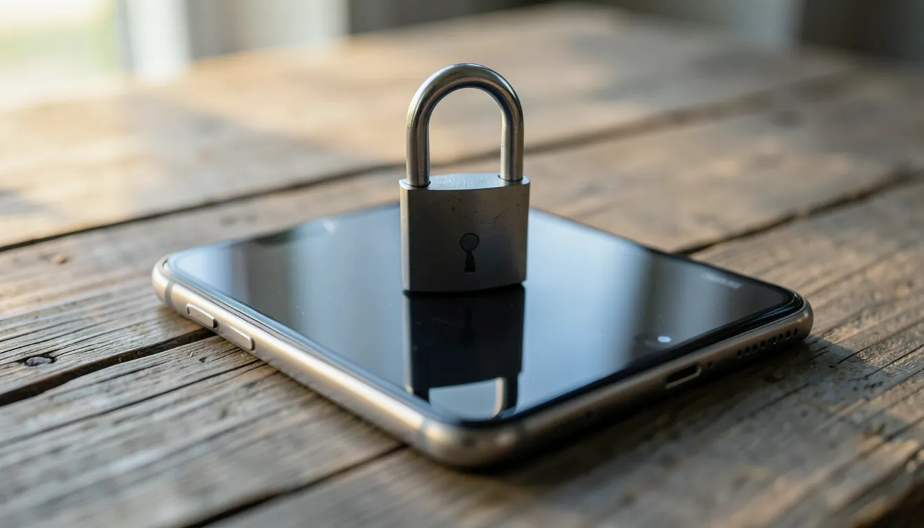 Candado metálico cerrado sobre un smartphone con la pantalla apagada, representando la seguridad digital al elegir una financiera confiable