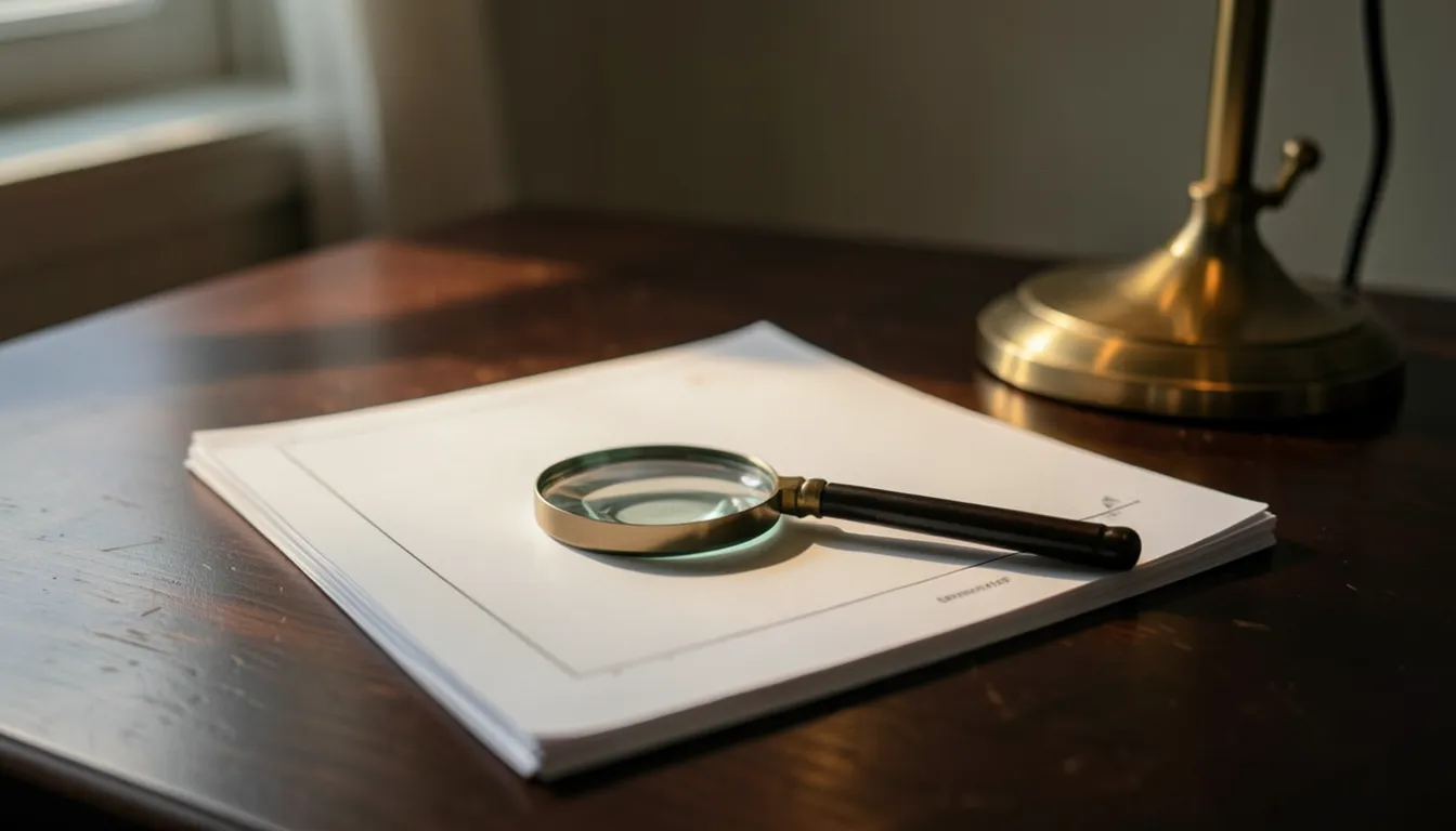 Lupa sobre documentos en blanco iluminados por una lámpara de escritorio, simbolizando la verificación de una financiera confiable