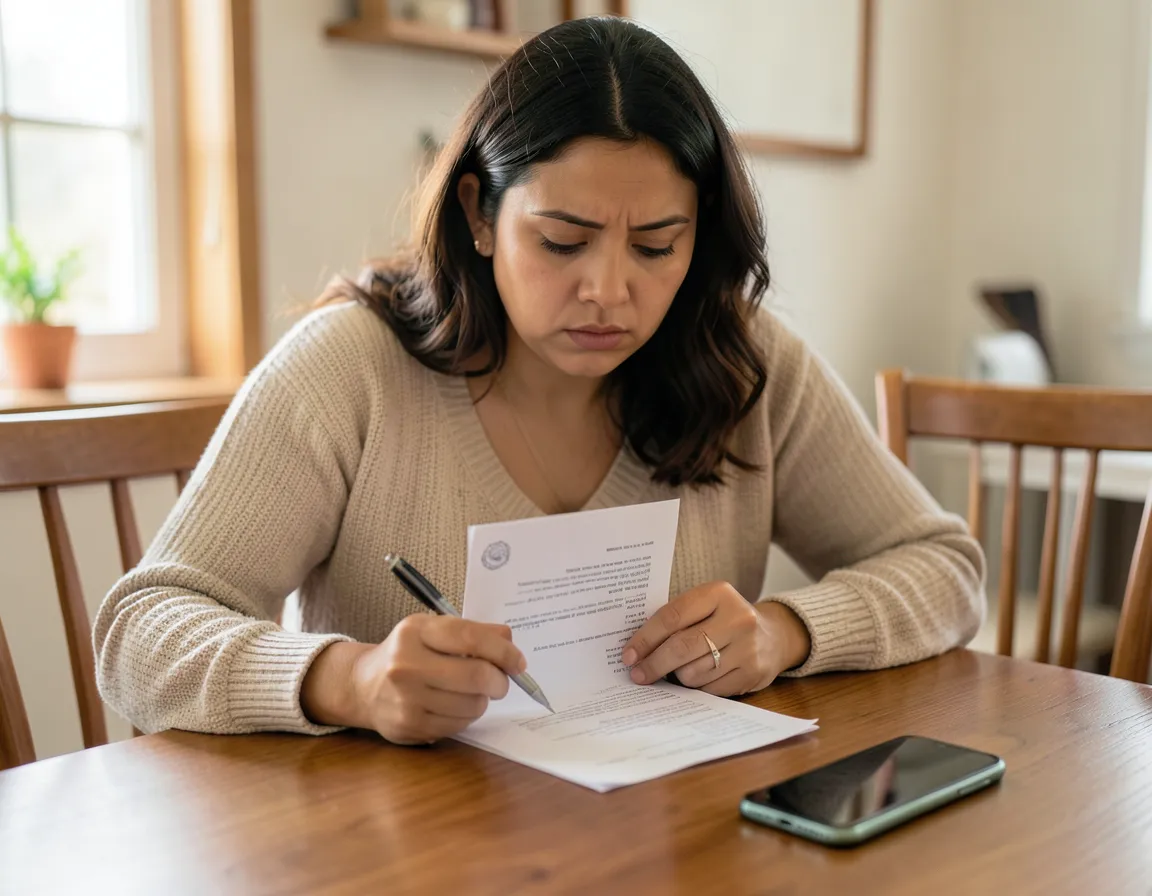 Mujer revisando y firmando con cautela un contrato de préstamo