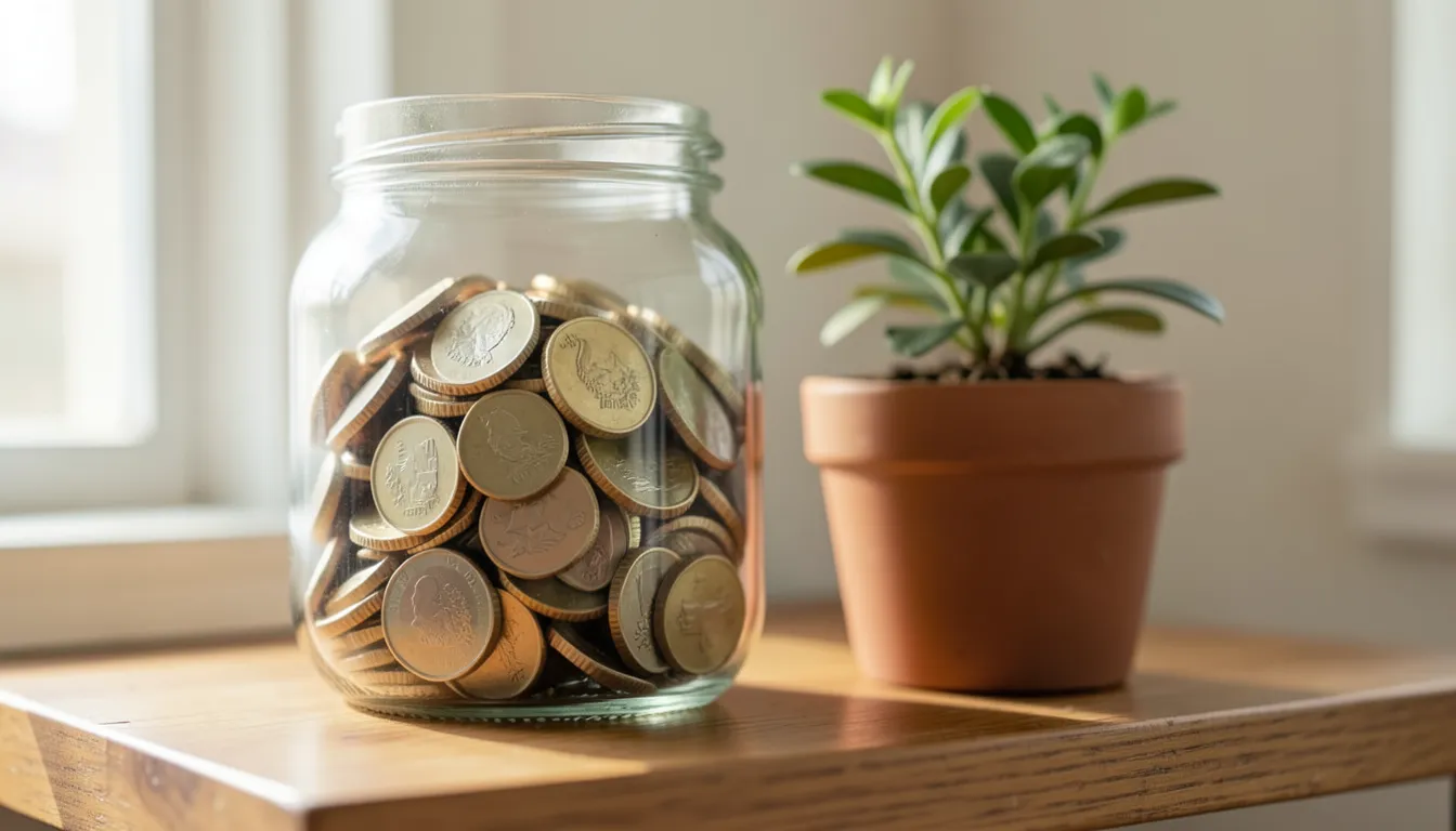 Frasco de vidrio lleno de monedas mexicanas junto a una pequeña planta verde en un estante de madera