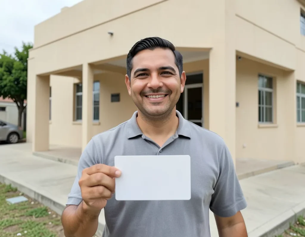 Hombre sonríe y sostiene su licencia de conducir permanente frente a un módulo de trámites en México