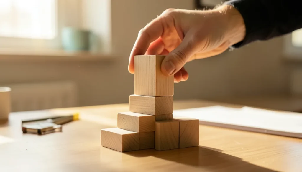 Mano colocando un bloque de madera sobre una escalera ascendente de bloques, representando el progreso al mejorar el score crediticio