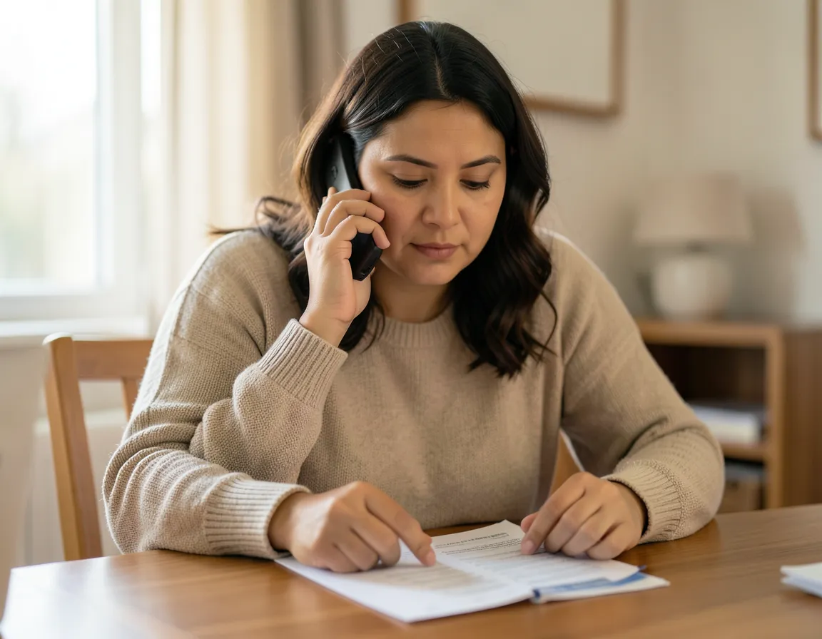 Mujer negociando por teléfono un plan de pago con su banco mientras revisa un documento