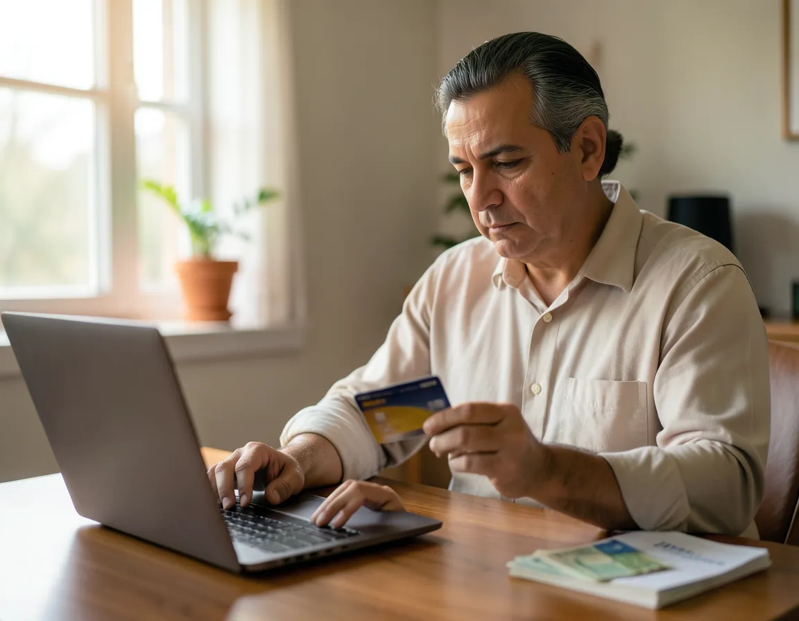 Hombre revisando su tarjeta de crédito mientras paga una cuenta en su laptop en casa